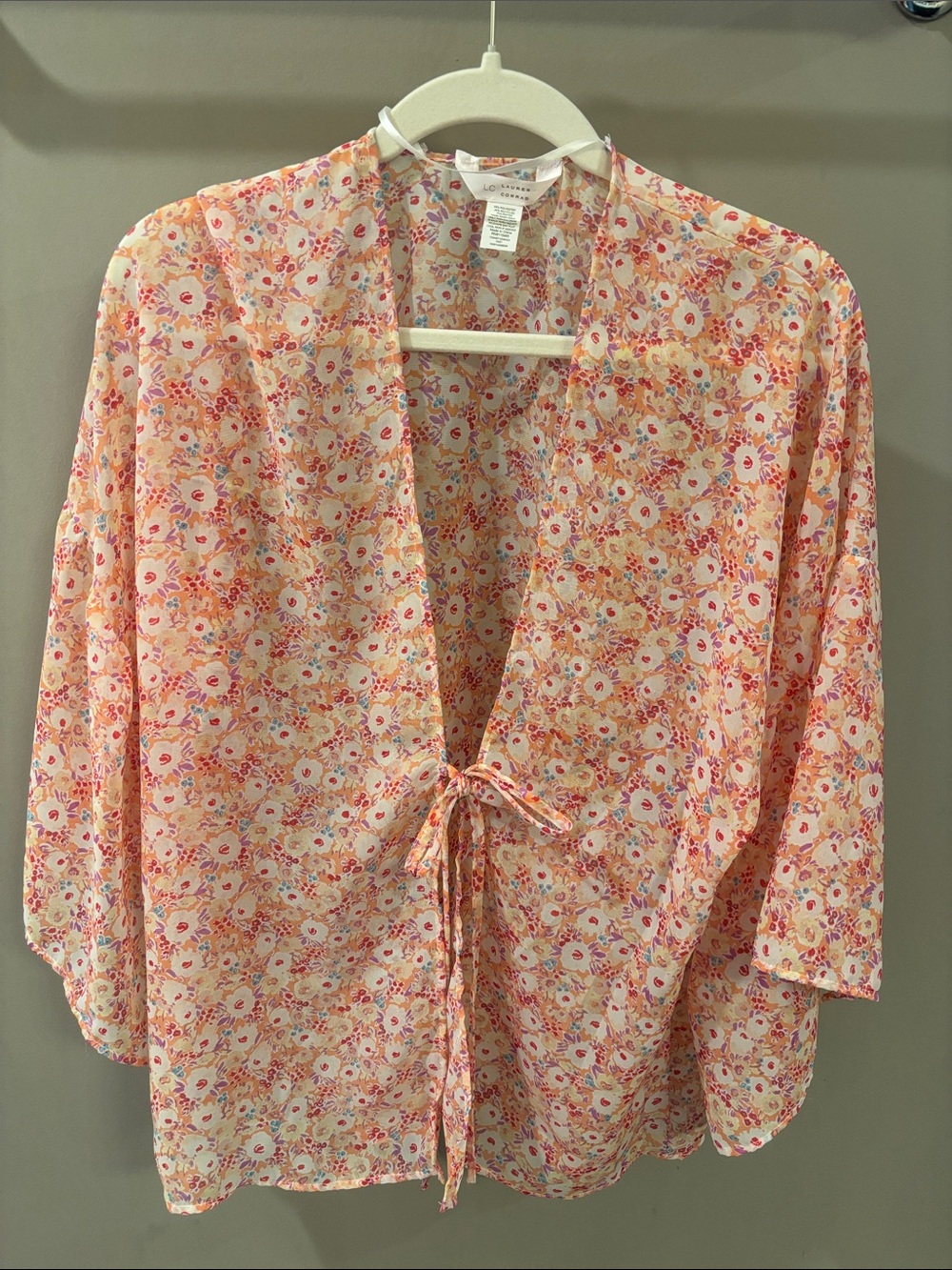 LC Lauren Conrad Peach Floral Tie-Front Kimono Chiffon Boho Top